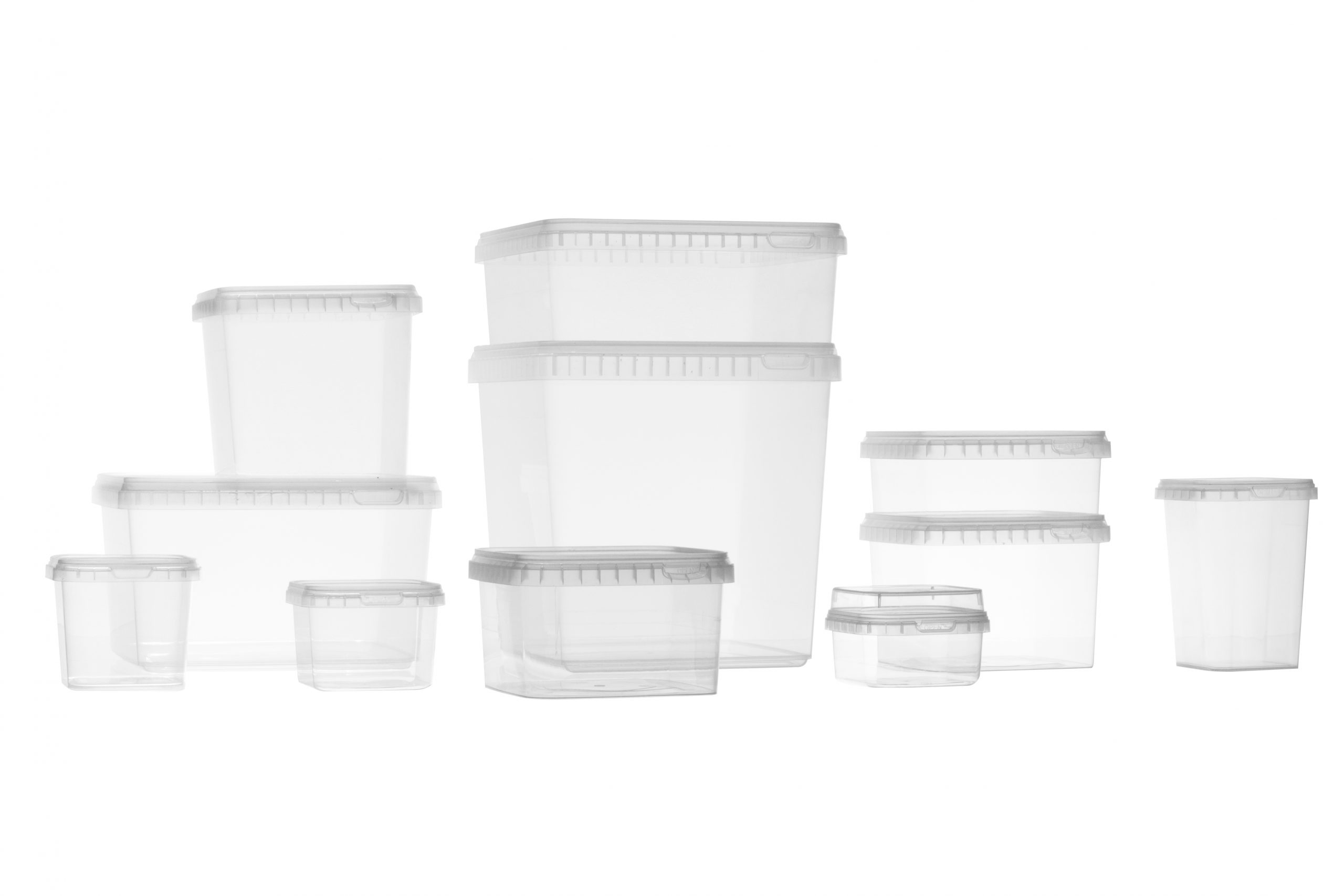 collection of square plastic containers and tubs